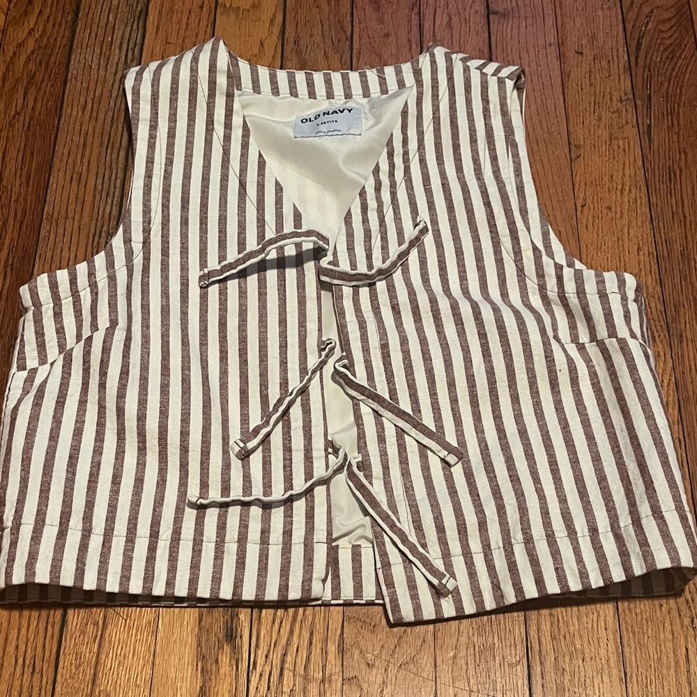 Old Navy Brown and White Striped Front Tie Linen Vest